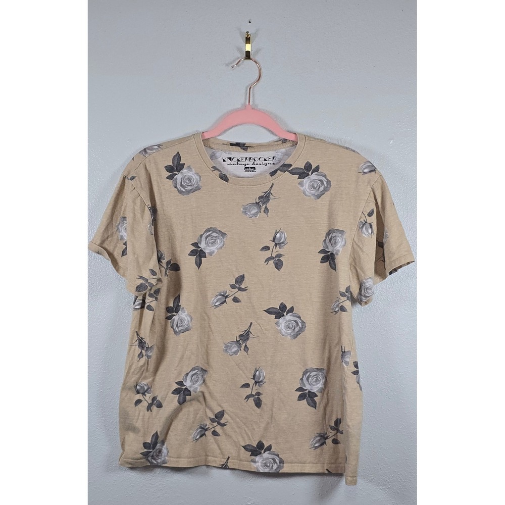 Knickerbocker Vintage Design Rose Floral T-Shirt Medium Tan Cotton Crew Neck